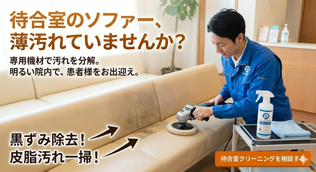 待合室のソファークリーニング施工中